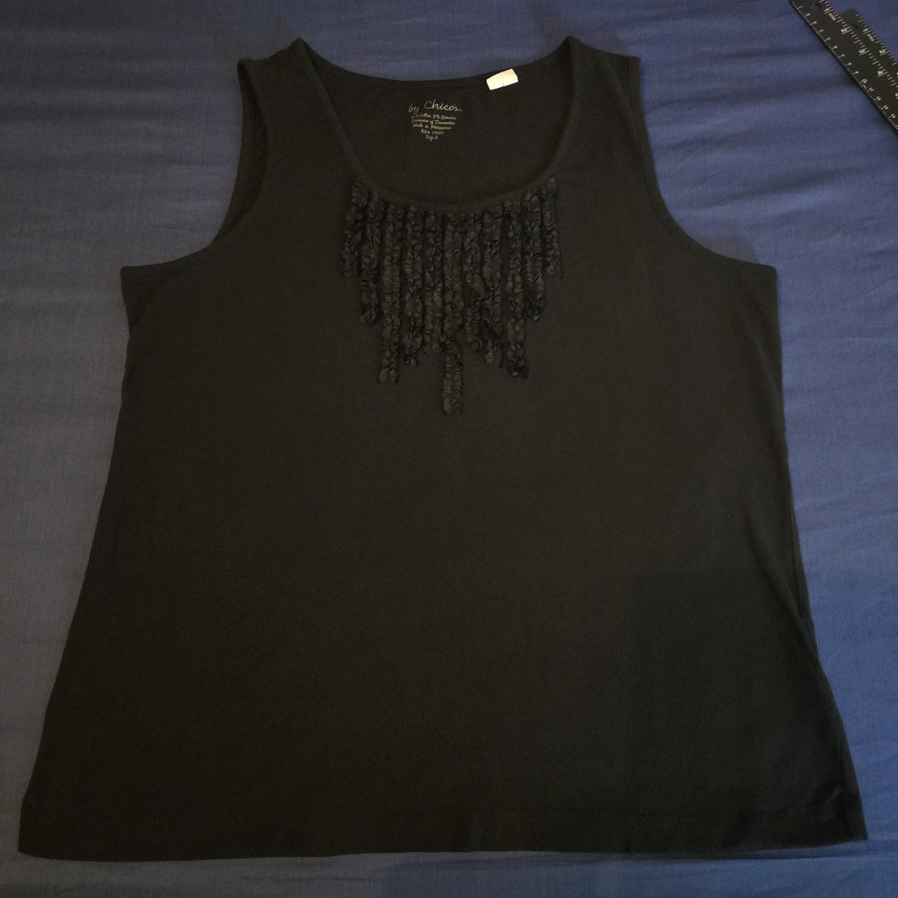 Chico's Tank Top Womens‎ 2 Black Cotton Spandex Fringe Ruffle Scoop Neck Jersey